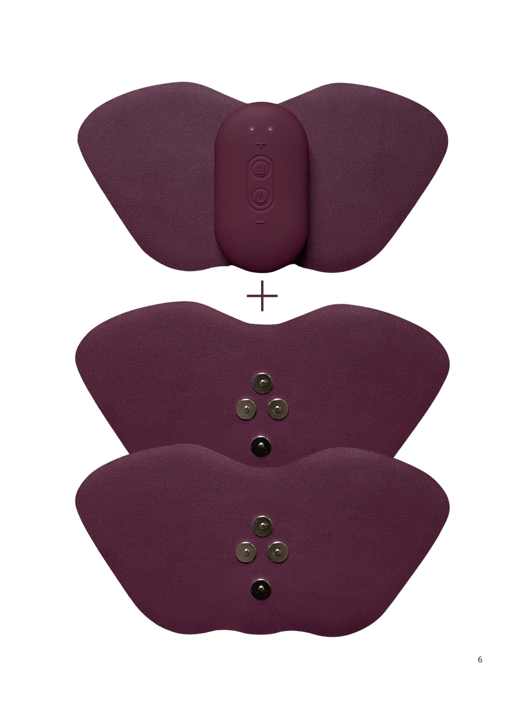 En frilagd bild visar Ovia Kit som är en TENS och värmeapparat som lindrar mensvärk med extra elektrodplattor.